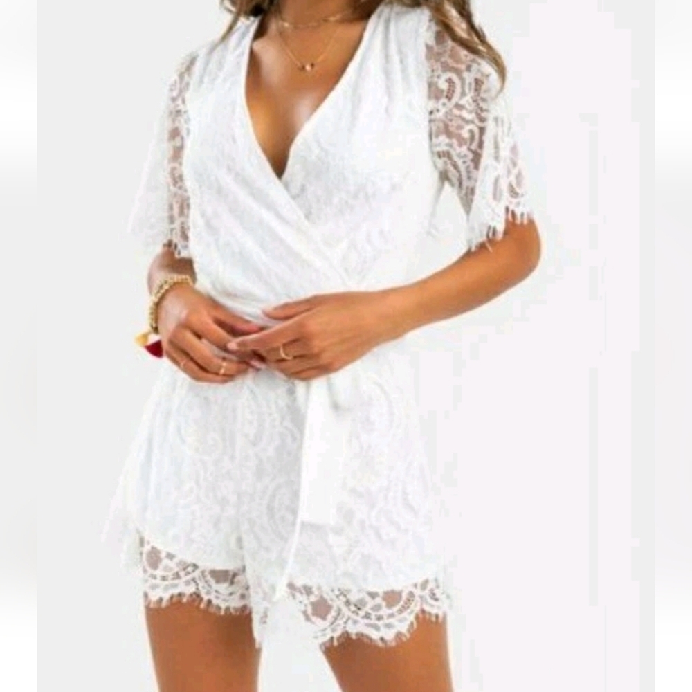 Elegant White Lace Wrap Romper